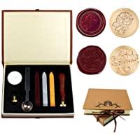 Dsaren Kit de Sello de Cera Retro Sello de Lacre con 2 Sello Latón Cera Cuchara y Caja de Regalo (Amor+ rosa)